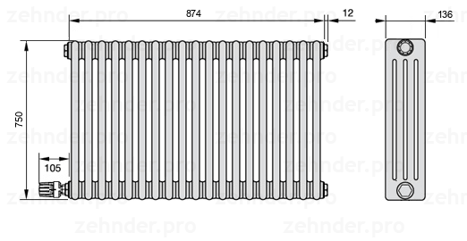 Схема (чертеж) Радиатор Zehnder Charleston 4075/19 №V004 Белый глянцевый RAL 9016